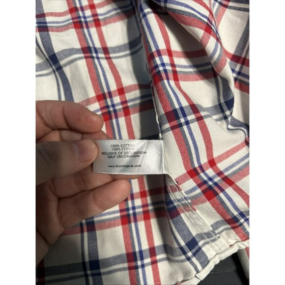 Thomas Pink Shirt Men’s White Blue Red Checker Cotton Button Down XL Y2K - Picture 9 of 9